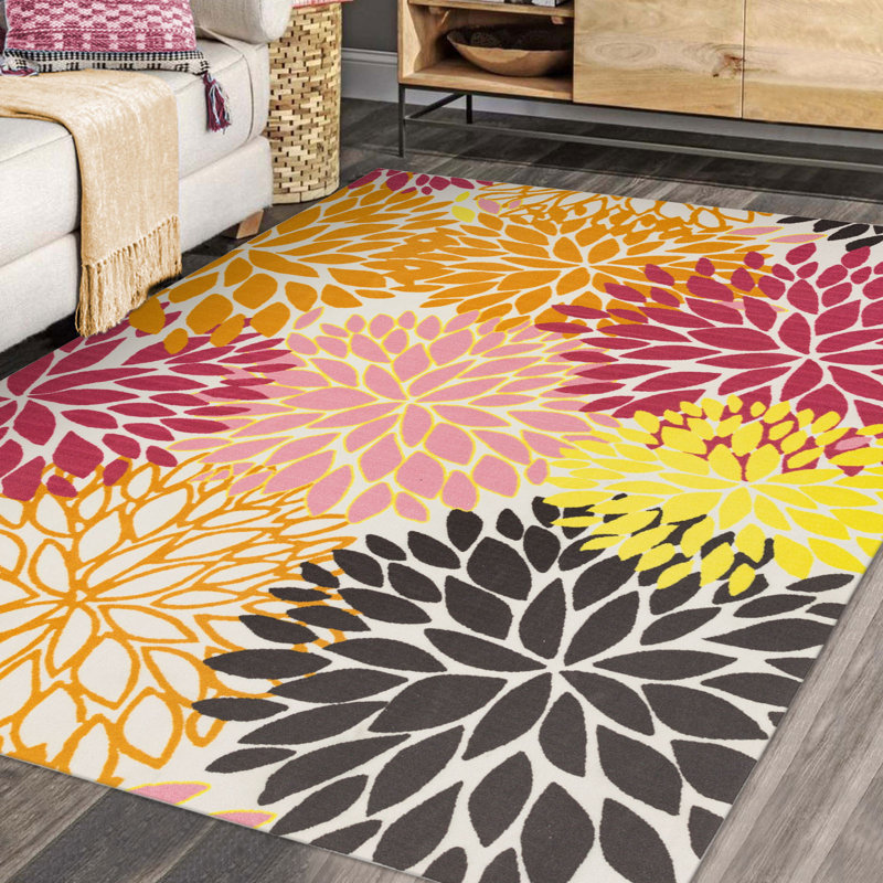 SUNSHINE Flower Outdoor Rugs Beautiful Bloom Pink/Yellow/Black Multi, Rectangle 8' x 10'