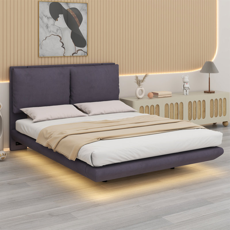 Lit plateforme tapissier Coughran avec capteur de lumière et 2 grands dossiers, Complète, gris