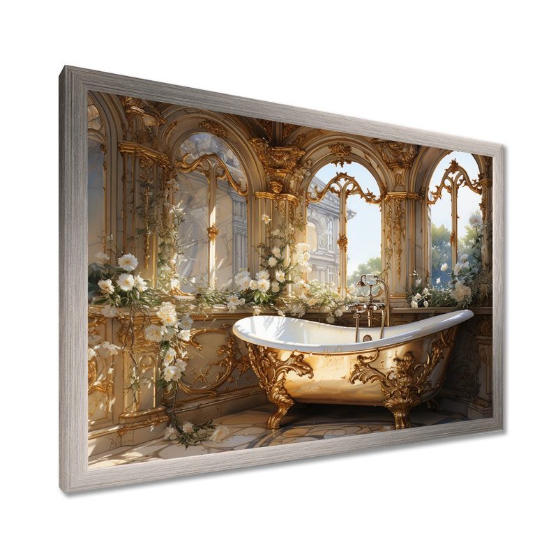 «Bathroom Golden Luxe III» - Art mural encadré pour salle de bain, H 12 po x l 20 po, Cadre photo unique, Argent argent