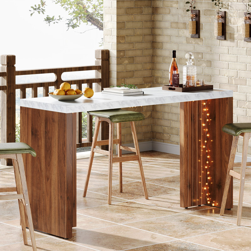 Counter Height Dining Table With Faux Marble Finished Tabletop, White, Brown