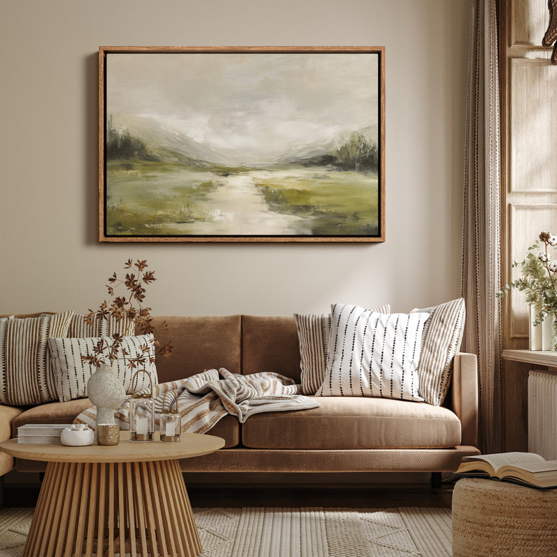 «Soft Green Valley and River Mist Abstract Landscape», reproduction d'art encadrée, H 24 po x l 36 po, Naturel