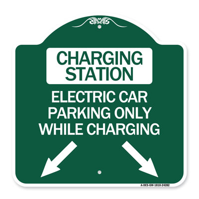 Signe Signmission Designer Series - Station de recharge, Stationnement électrique seulement pendant la charge avec les flèches pointant vers la gauche et la droite | Enseigne architecturale en aluminium vert et blanc 18 po x 18 po