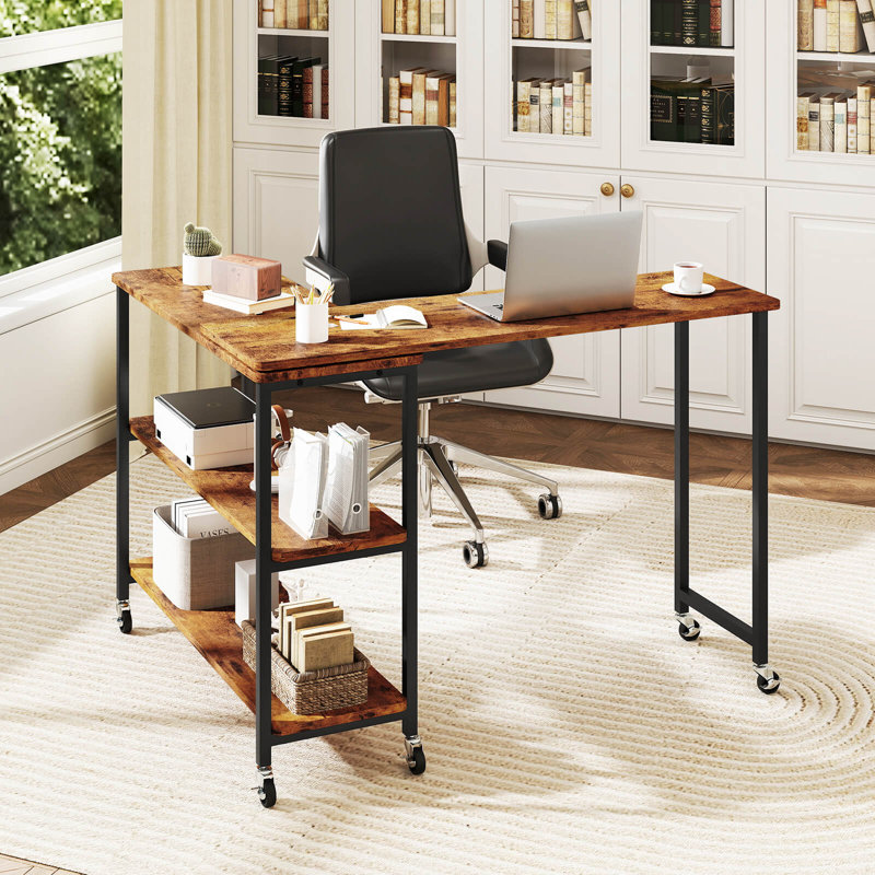 360° Rotation Mobile Laptop Table With 2-tier Storage Shelves & 6 Universal Wheels, Brown
