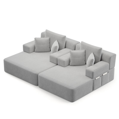 Oversized Double Chaise Lounge 2-Piece Set, Luxurious Plush Corduroy Convertible Sofa Bed with 6 Pillows and Storage Pocket, for Small Spaces,Home Theater, Living Room, Light Grey