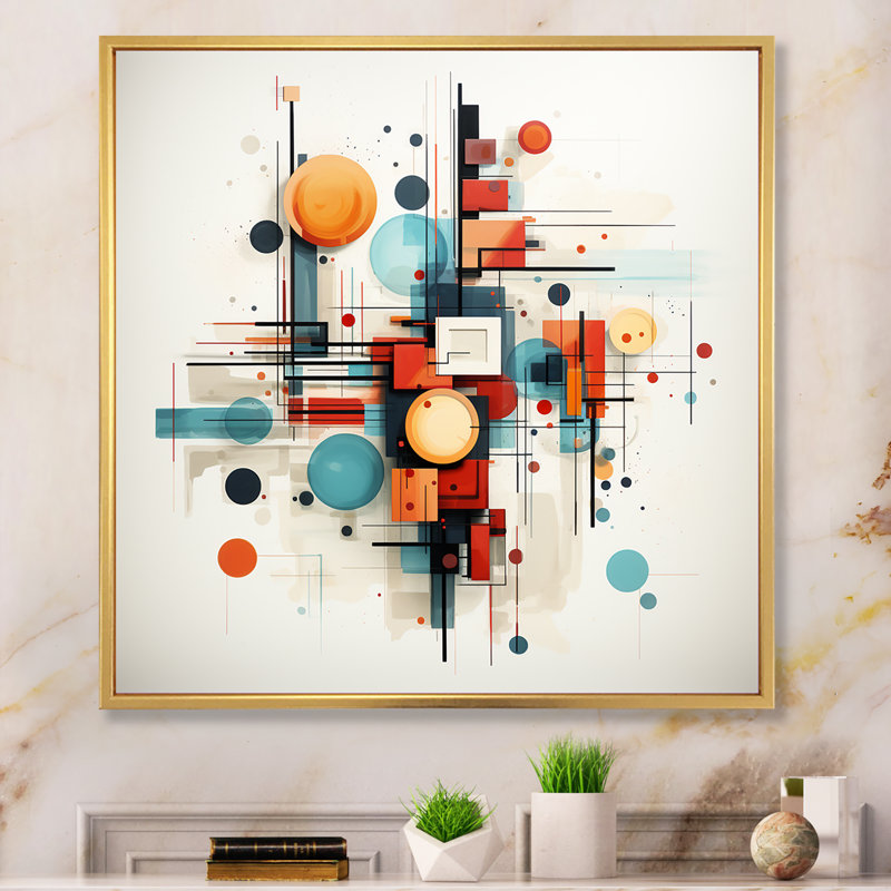«Midcentury Square and Shapes Harmony III», art mural abstrait, Cadre flottant doré, H 16 po x l 16 po x P 1 po