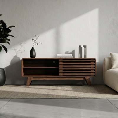 TV Stands, Featuring Storage, Slatted Sliding Doors, Mid-Century Modern Style, Wooden Entertainment Centers, Walnut Finish