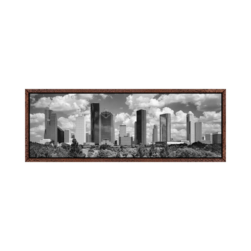 Skyscrapers In A City, Houston, Texas, USA - Panoramic Print on Canvas, Classic Brown Wood Floater Framed