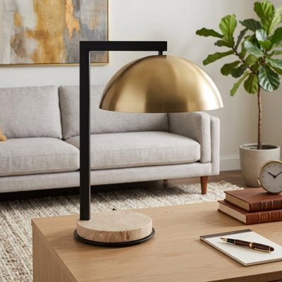 Lampe de bureau artistique avec abat-jour en forme de dôme métallique pour éclairer un bureau ou une chambre - Petite lampe de bureau élégante pour un bureau ou une décoration intérieure - 51 cm, or et beige