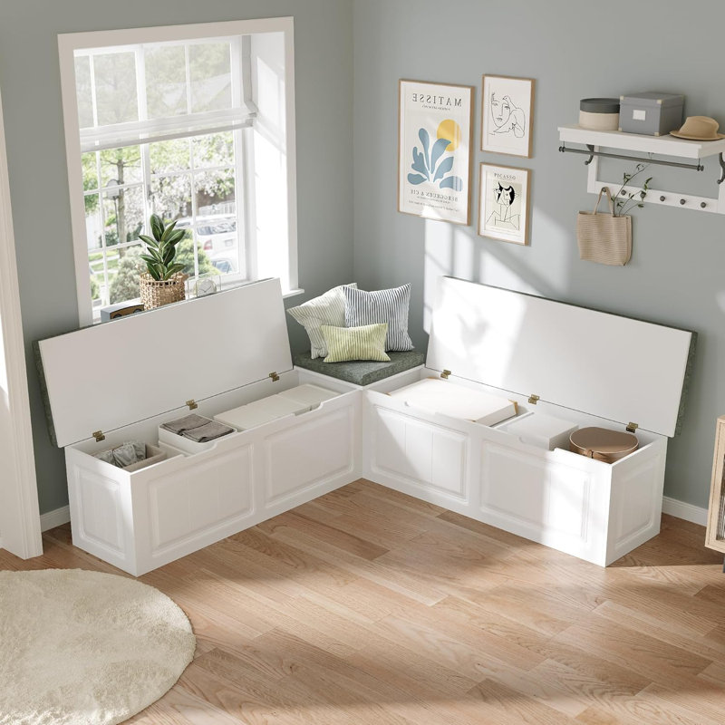 160cm L-Shaped Shoe Bench with Padded Seat & 4 Hidden Storage Bins - White & Grey Hallway Bench