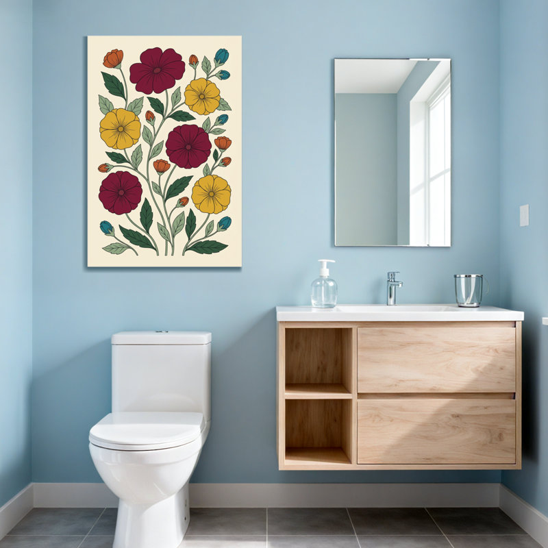 Motif floral de plantes et de fleurs avec des fleurs rouges, jaunes et bleues, H 18 po x l 12 po
