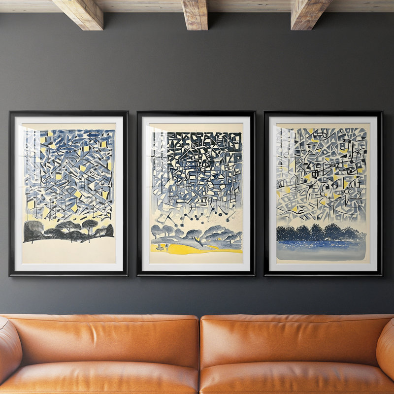 ABSTRACT Series DLxxvii - Impression encadrée sur mesure de qualité supérieure - 3 pièces, H 27 po x l 57 po, Noir