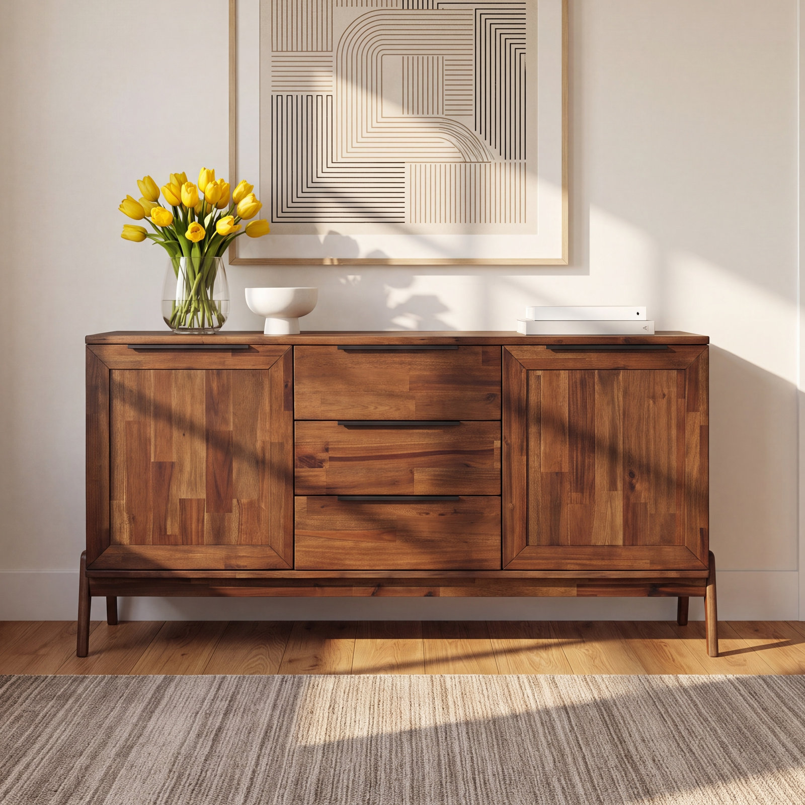 Vanfleet 63" 3-Drawer Acacia Wood Sideboard, Brown