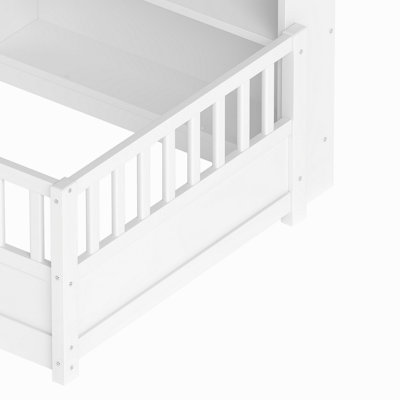 A twin-sized wooden floor bed with a fence-style guardrail, side storage decorative function, and the color is white
