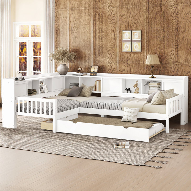 Lit plateforme en L avec lit gigogne, lit plateforme avec tiroirs de rangement et tablettes, pas de sommier nécessaire, Blanc