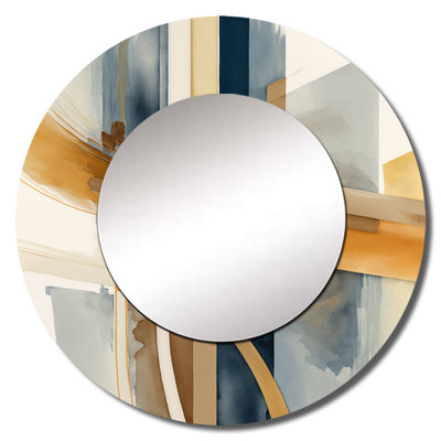 Orphus Modern Blue And Gold Abstract I - Transitional Large Wall Mirror, Modern Round Decorative Mirror, Printed Metal Art