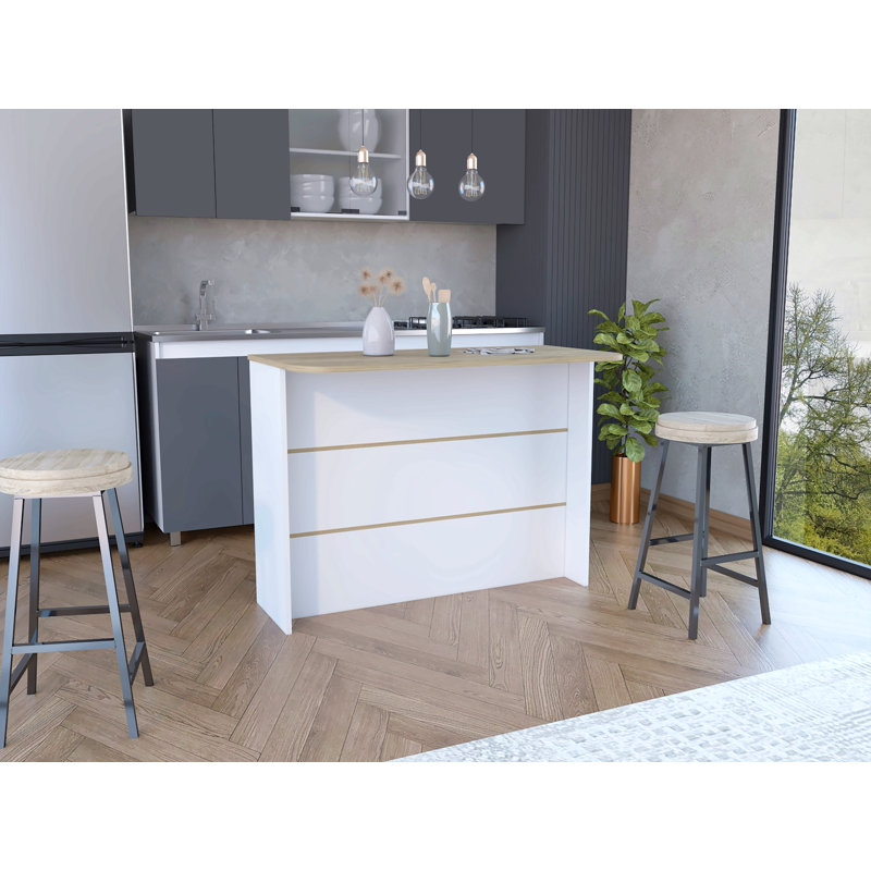Îlot de cuisine avec tablette de rangement à deux niveaux et grand poste de travail, blanc / pin clair