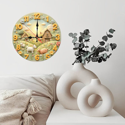 ferme scène horloge mignons animaux lever du soleil
