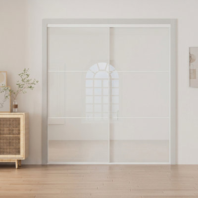 44"-48"W x 96"H White Glass Paneled Sliding Door With White Frame