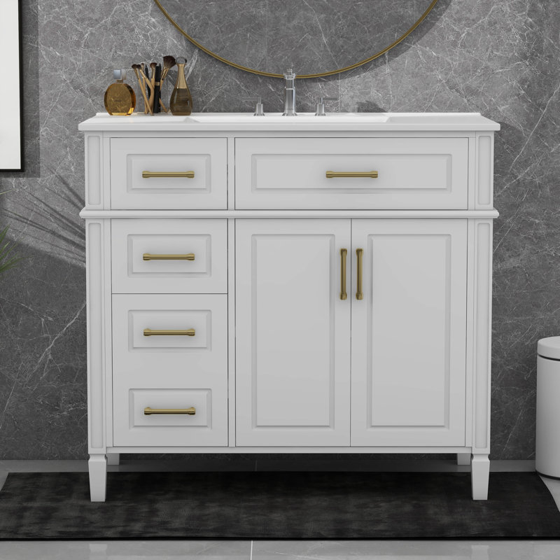 Meuble-lavabo 36 po avec lavabo, 4 tiroirs (1 tiroir rabattable), 2 portes et tablette réglable, Blanc