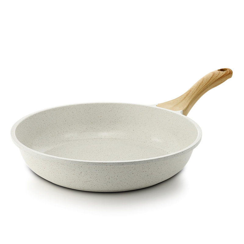 12.5 Inch White Ceramic Nonstick Frying Pan with Woodgrain Handle