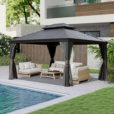 Pavillon de jardin extérieur 10 X 13 pi, pavillon de jardin à toit rigide avec double toit en acier galvanisé, pavillons de jardin en métal avec système de drainage pour terrasse de patio, rideau et filet