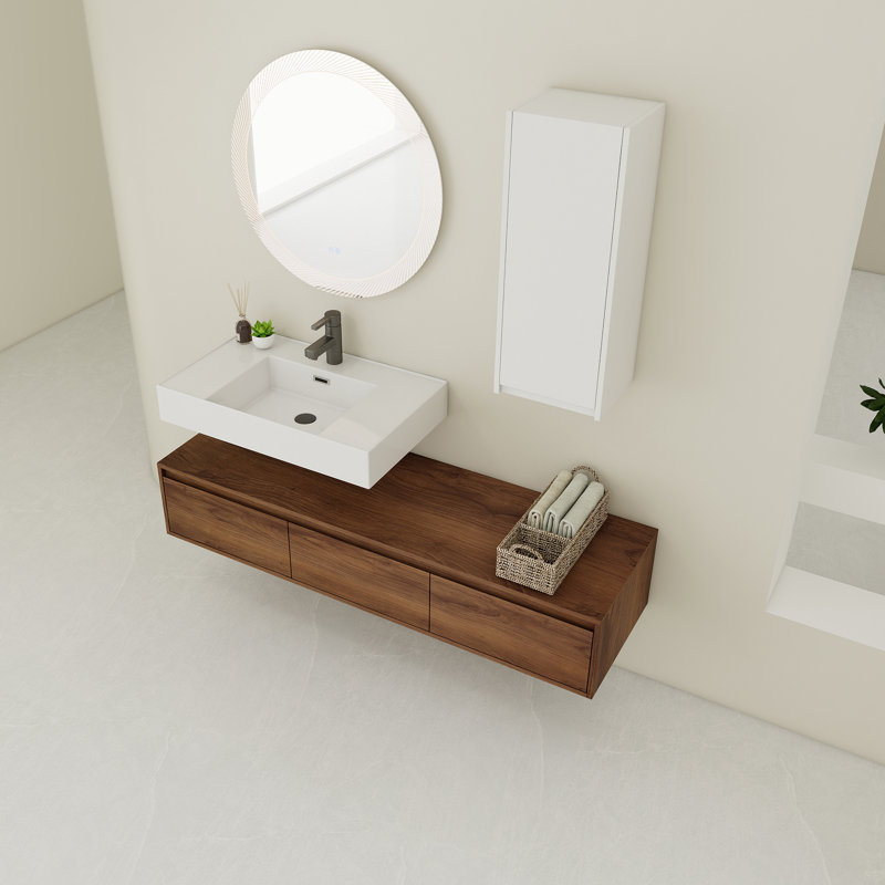 Meuble-lavabo mural 60 po avec lavabo en résine et armoire latérale, tiroir à fermeture en douceur 60 po