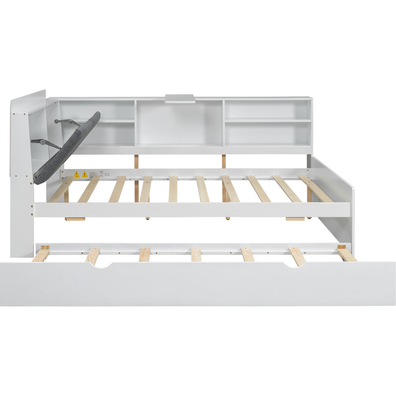 Lit plateforme double en bois blanc avec lit gigogne, tête de lit à rangement intégré et tablettes - pièce rotative pratique