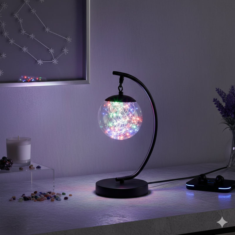 Lampe de table de 14 pouces avec un pendule à DEL multicolore dans un globe en verre, posée sur une base en métal noir et comprenant un port USB
