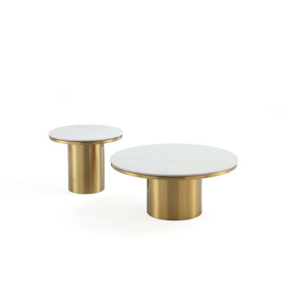 Glenn 2-Piece Modern Glam Stainless Steel Living Room Table Set with Sintered Stone Top Coffee Table and End Table in Gold