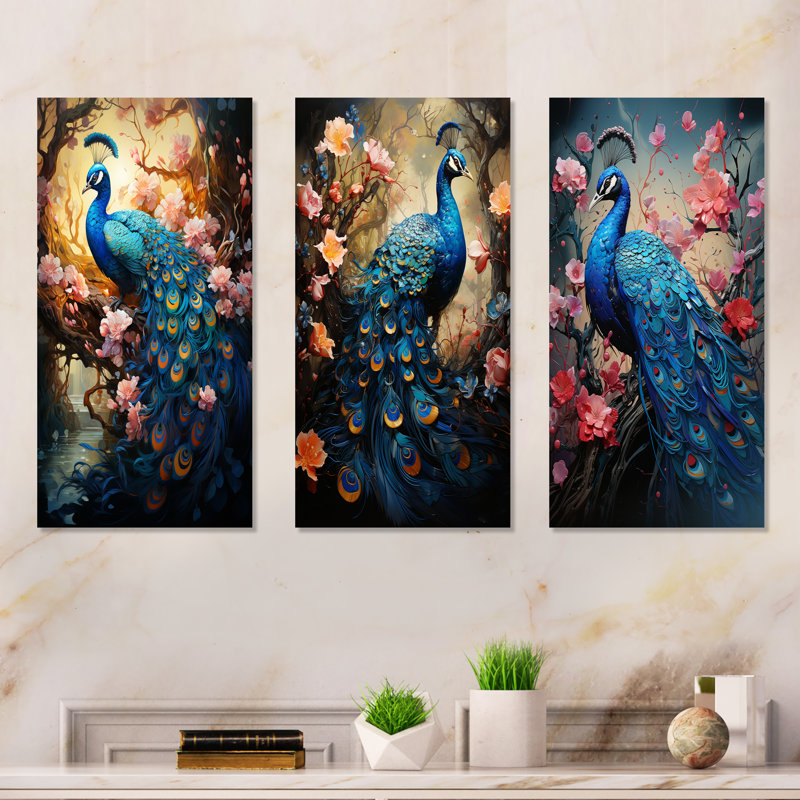 Fantasy Peacock In Enchanted Blooms - Peacock Metal Prints Set Of 3, 28" H x 36" W