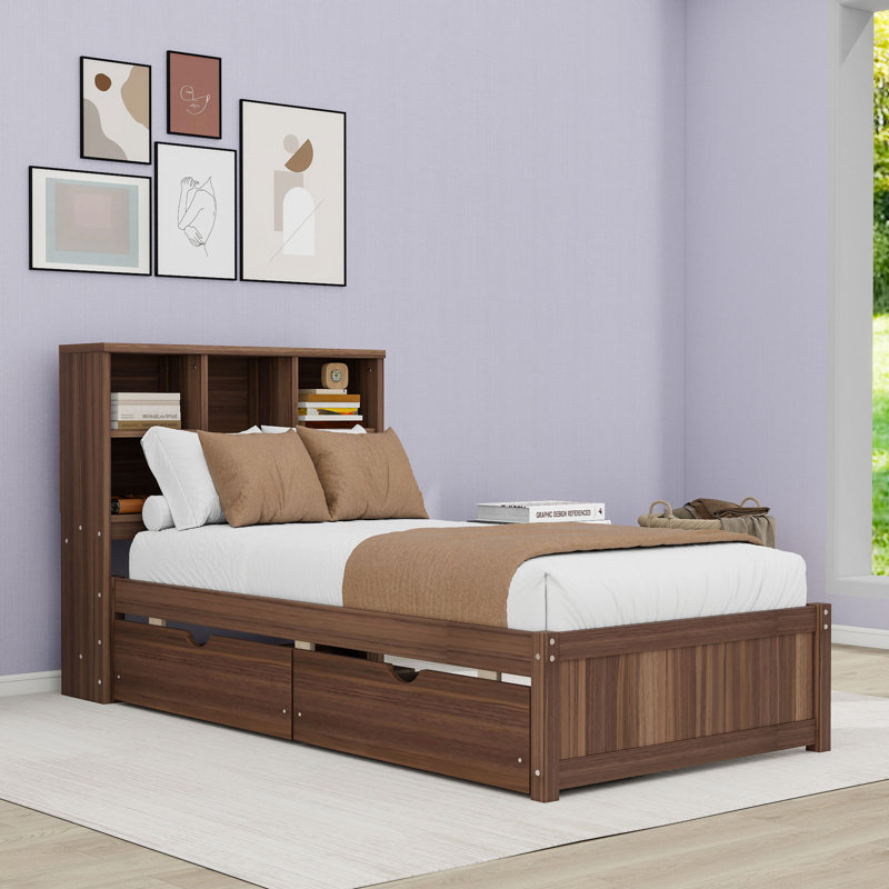 Lit plateforme simple en bois avec tête de lit, port de chargement et deux tiroirs, Noyer