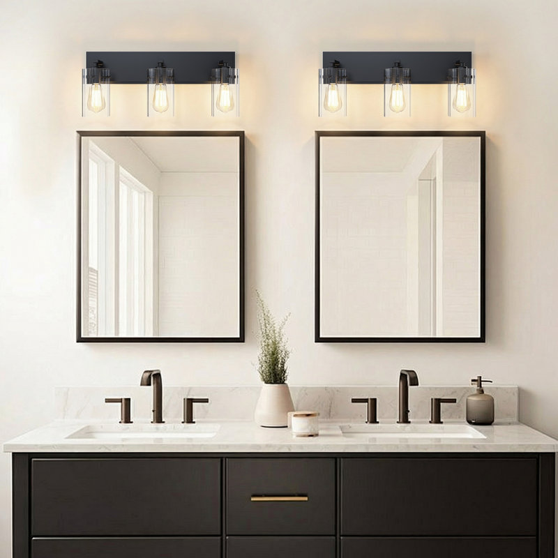 Luminaire de salle de bain moderne à intensité variable de 21 po à 3 lumières noires avec abat-jour en verre nervuré