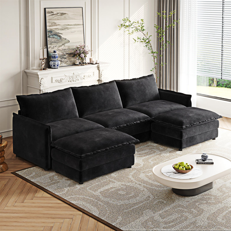 Upholstered Sofa Couch With Ottomans, Black