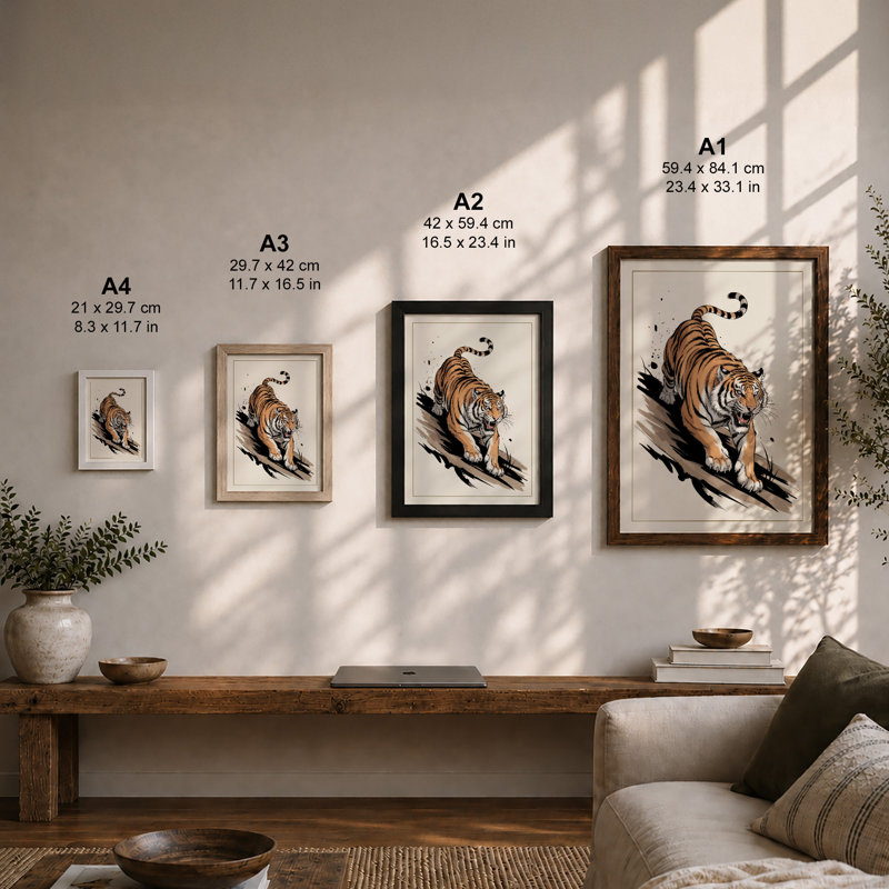 Stalking Tiger Japandi - Framed Print, A2 - 59.4 x 42.0 cm, Black