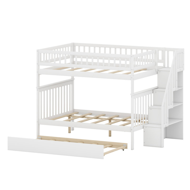 Lit superposé avec lit gigogne et escalier transformable en 3 lits avec rangement dans l'escalier pour chambres partagées ou d'amis