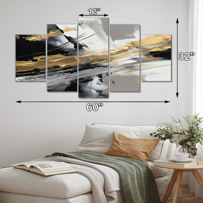 Golden River Wildness abstrait doré et noir - art mural abstrait sur toile - 5 panneaux