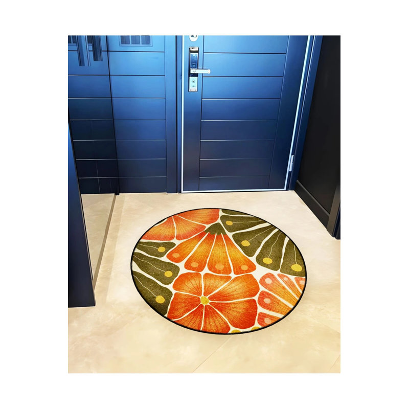 Tapis décoratif moderne à motif de fleurs et de feuilles orange, Rond 5 pi