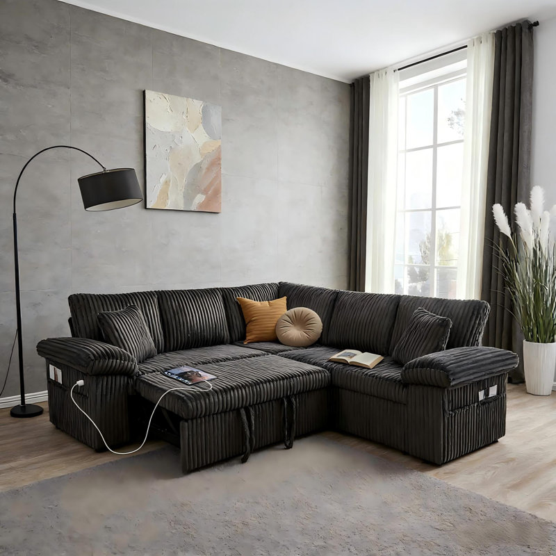 Canapé-lit coulissant avec rangement et charge USB, canapé modulaire en forme de L pour le salon, Gris foncé