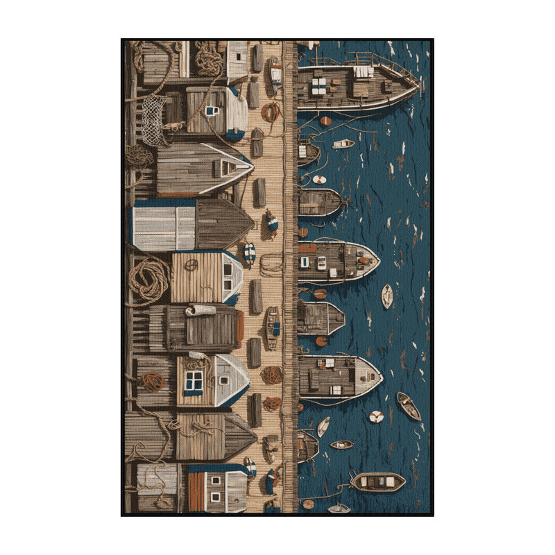 Washable Harbor Scene Coastal Area Rug, Rectangle 7' x 10'