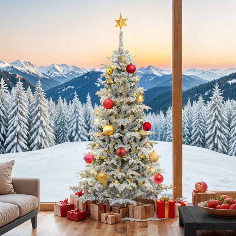 Sapin de Noël artificiel enneigé 6,5 pi / 7,5 pi avec lumières préinstallées, 6.5'