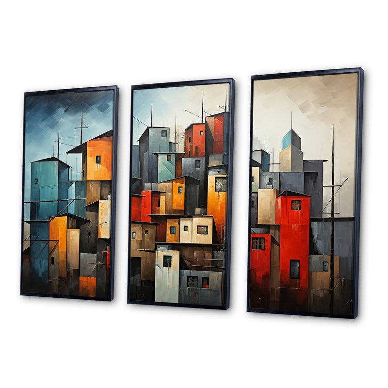 Cubist Urbanism Horizon III - Ensemble de décoration murale cubisme, Cadre flottant noir, H 28 po x l 36 po x P 1 po