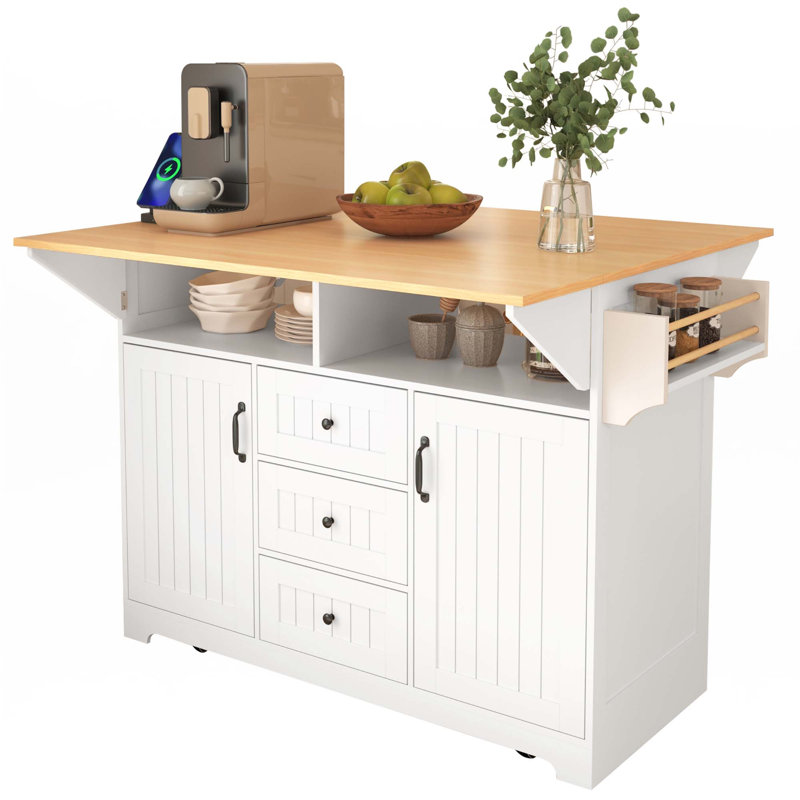 55.7'' Large Kitchen Island With 2 Drop Leaf,5 Wheels With Power Outlet, Folding Storage Dining Table With Spice & Towel Rack