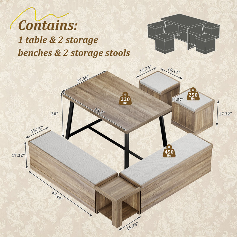Ensemble de coin-repas simple et élégant pour 5 personnes avec rangement caché