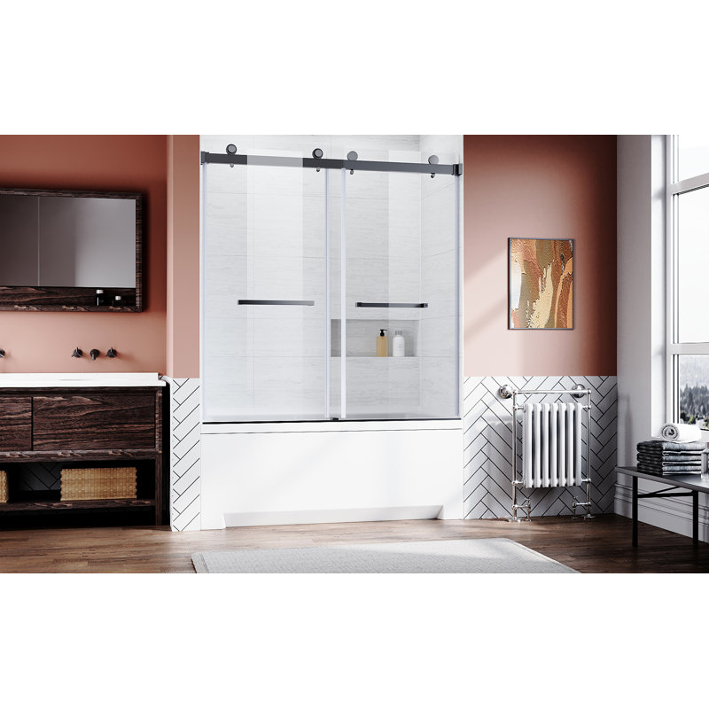 Frameless Sliding Bathtub Door 56-60 In.W X 62 In.H,Bypass Tub Glass Sliding Shower Doors,3/8"(10Mm) Thick Clear Tempered Glass,Heavy Duty Stainless Steel Hardwares,2Pcs Rectangle Handles,Matte Black.