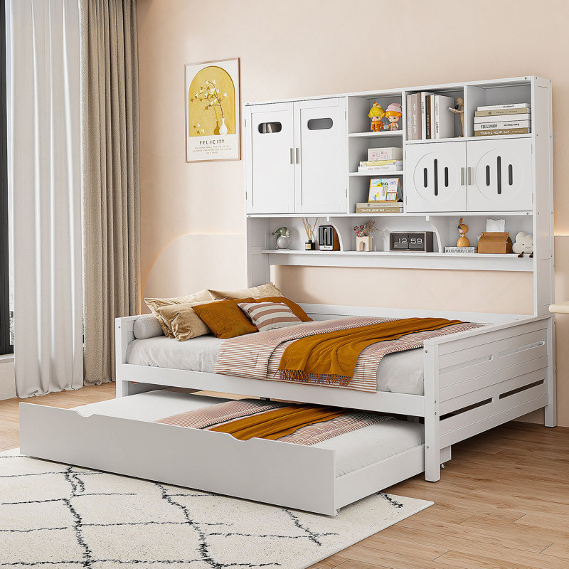 Lit de jour en bois avec lit gigogne, armoire et tablette tout-en-un, Lit simple, Blanc
