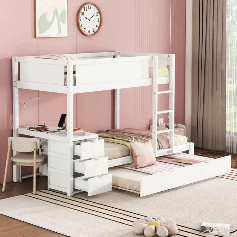 Lit superposé blanc Twintwin avec prises et lit gigogne - Rangement fonctionnel additionnel pour chambre à coucher, bureau, lit simple