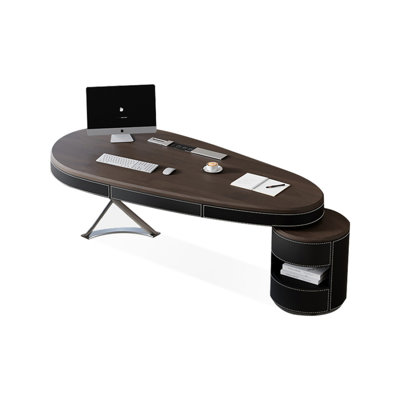 Bureau 3 tiroirs brun + gris + bois ovale noir + acier laminé à froid