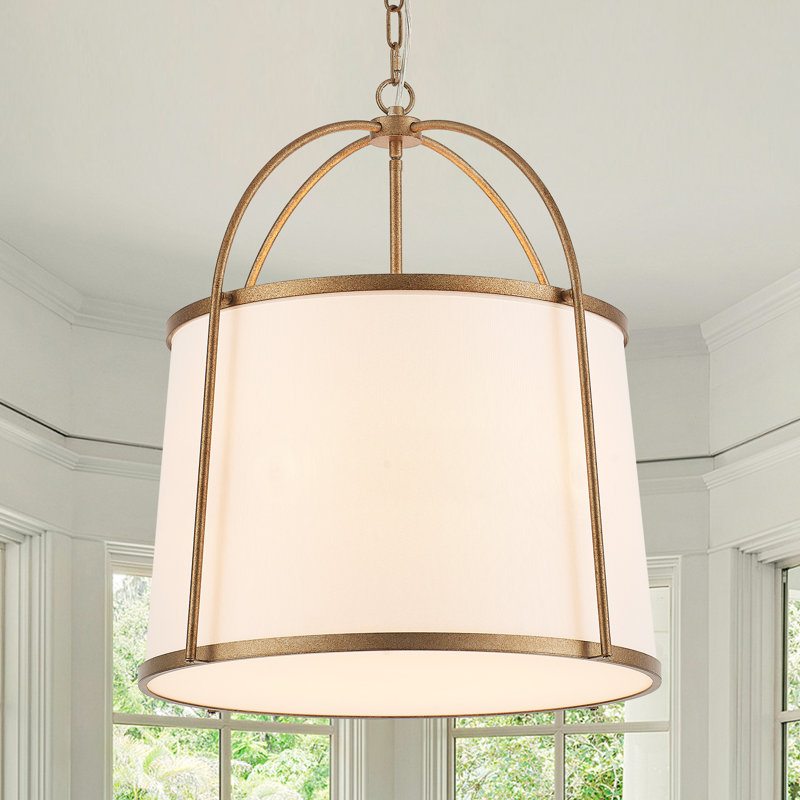 Lustre style campagne moderne à 5 lumières avec abat-jour en tissu blanc cassé