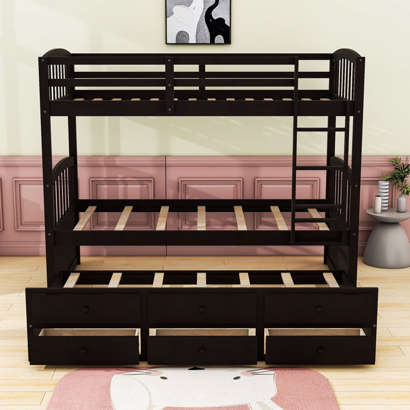 Effrem Kids Twin Over Twin Bunk Bed with Trundle with Drawers, Espresso