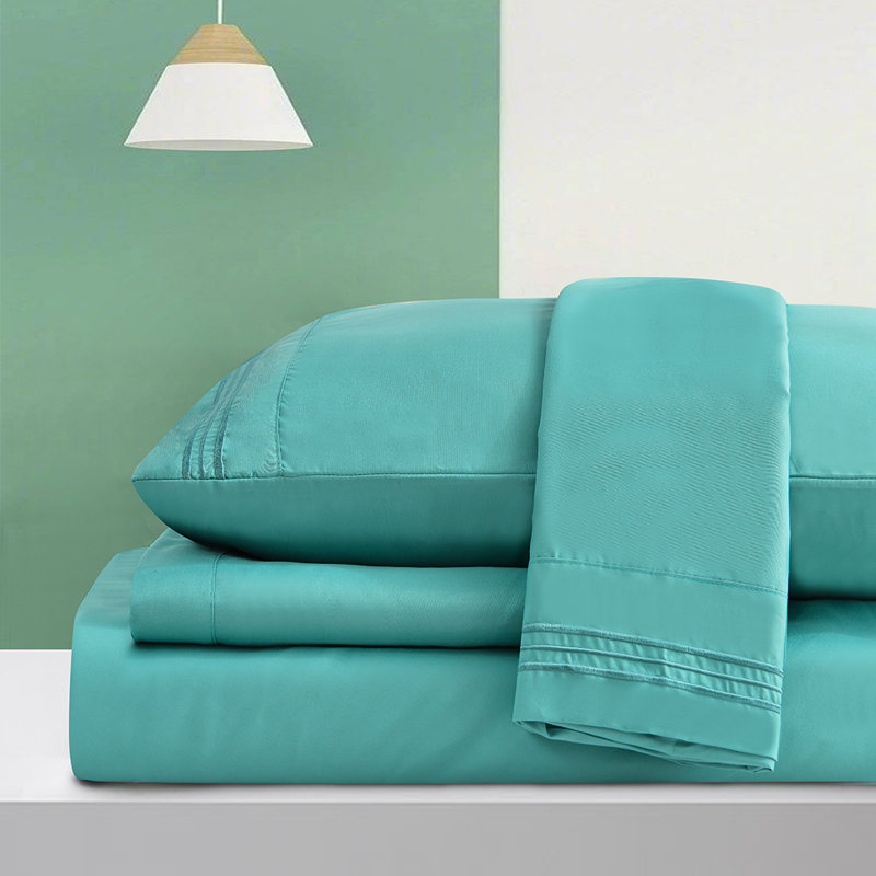 Ensemble de draps en rayonne de bambou , Bleu sarcelle, Ensemble de draps pour grand lit avec 2 taies d'or